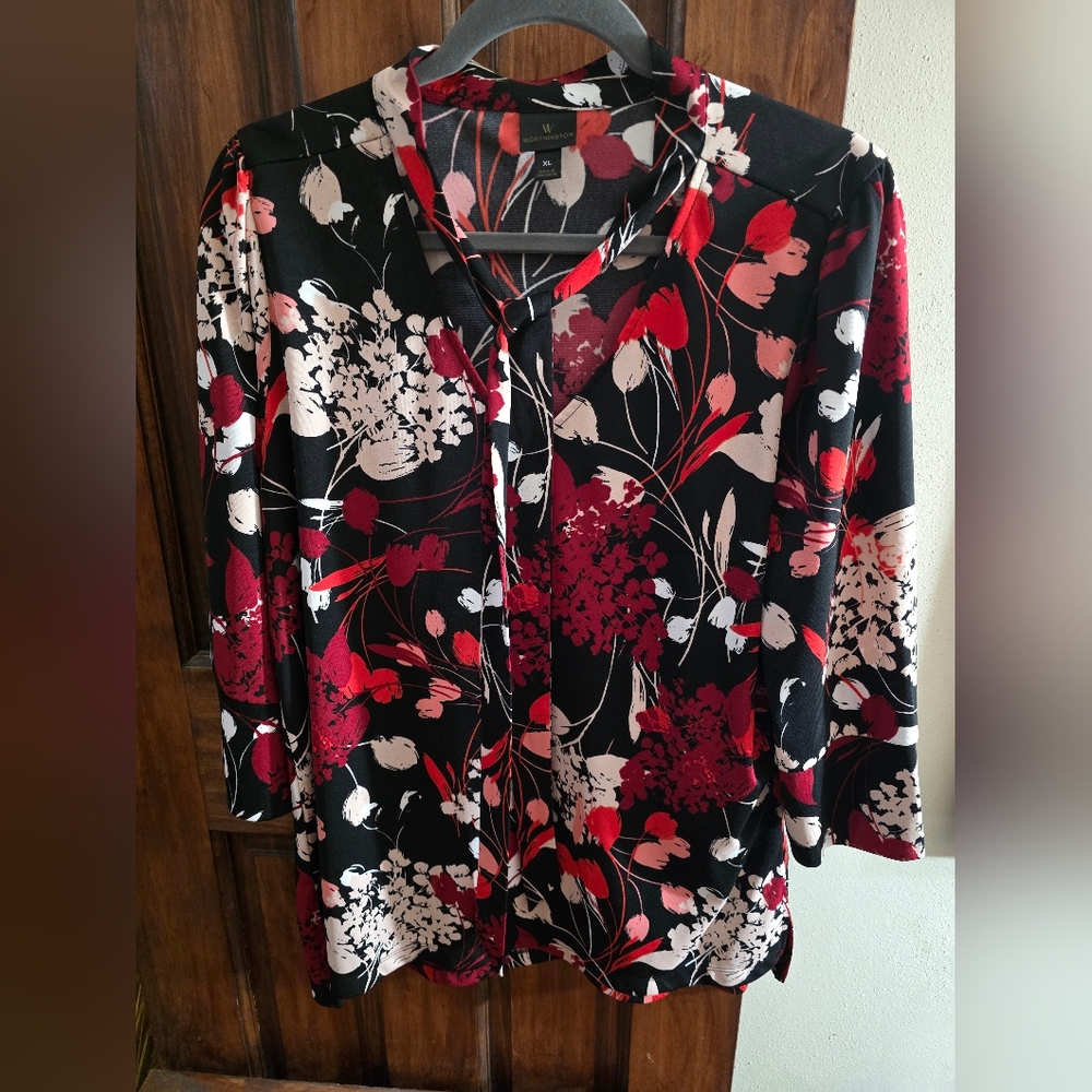 Worthington 3/4 Sleeve Top, XL, Red/Black/White